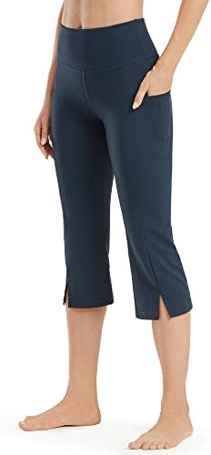 Bootleg Yoga Pants with Pockets Crop Pant Comfy Soft 4 Way Stretch Exercise Workout Pants in Navy