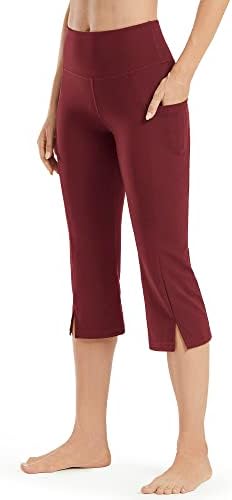 Bootleg Yoga Pants with Pockets High Waisted Crop Pant Comfy Soft Workout Pants — Wine