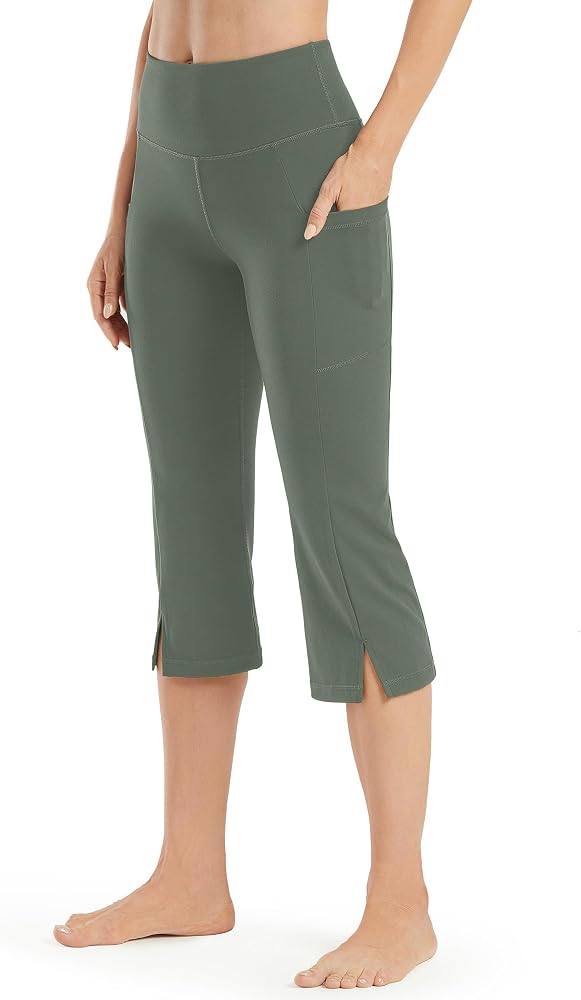 Capri Leggings with Pockets High Waist Yoga Capris Wide Leg Workout Crop Straight in Grey Sage