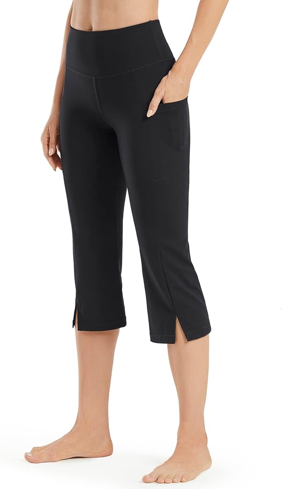 Capri Pants Flare Black Yoga Pants with Pockets Casual Dress Work Pants in Black