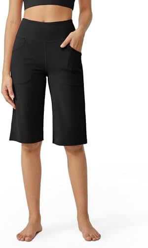 Capri Pants Wide Leg Yoga Capris Knee Length Loose Casual Summer Pants Loose Stretch Cropped Pants with Pockets in Black