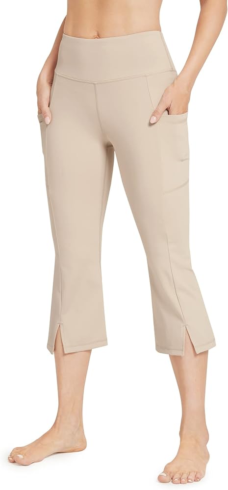 Capri Yoga Pants Bootcut Leggings with Pockets Tummy Control High Waisted Work Casual Pants in Khaki