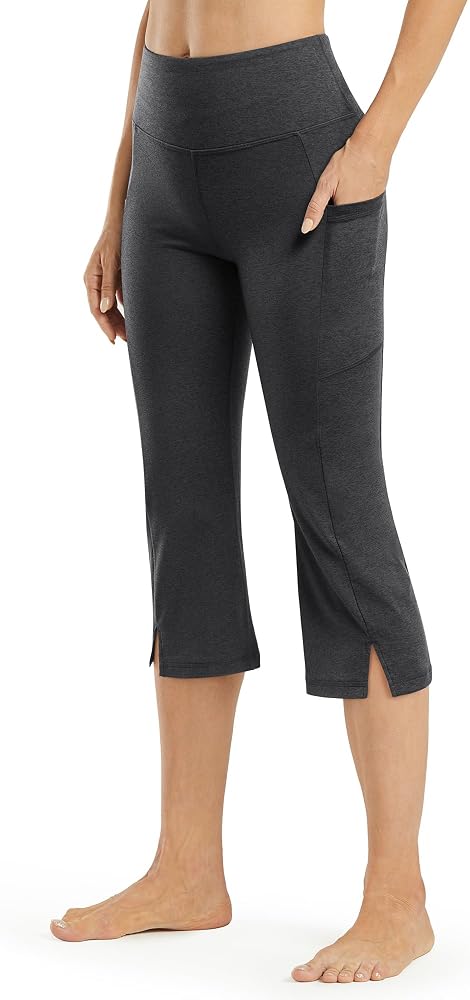 Flare Yoga Pants with Pockets Capri Leggings Tummy Control High Waisted Work Casual Bootcut Pants in Charcoal Heather