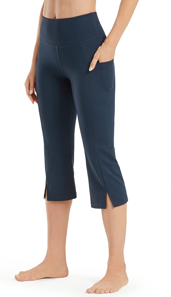 Flare Yoga Pants Women Capri Pant with Pockets 4 Way Stretch Exercise Workout Pants in Navy