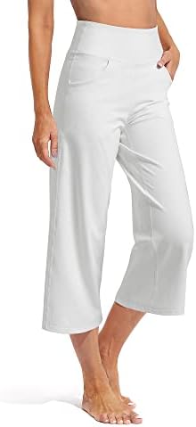 Wide Leg Pants Women Loose Yoga Capris Culotte — White, 23" inseam