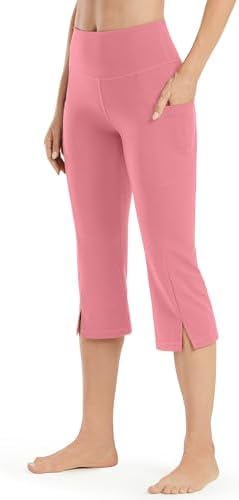 Womens Capri Pants High Waist Flare Leggings with Pockets Wide Leg Workout Causal Lounge Pants — Ligh Pink