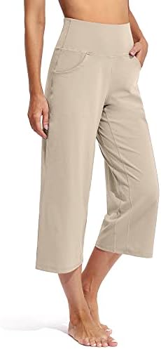 Womens Capris for Summer Tummy Control Yoga — Light Khaki, 23" inseam