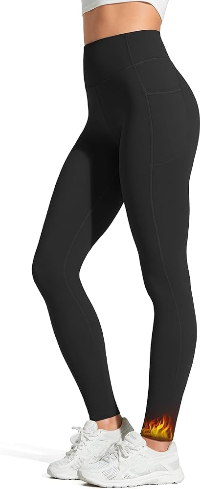 Women's Fleece Lined Yoga Leggings High Stretch Thermal Workout Casual Pants with 2 Pockets in Black