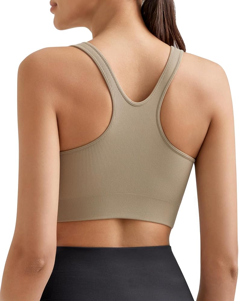 Womens Longline Sports Bra Seamless Padded Sports Bras U Neck Racerback Medium Impact Yoga Athletic Workout in Khaki