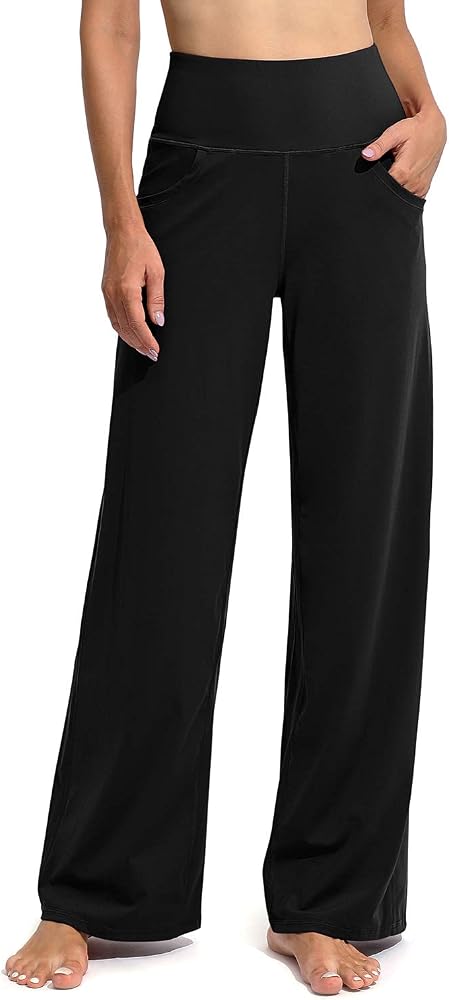 Womens Yoga Dress Pants with Pockets Wide Leg High Waist Causal Lounge Pants Bootcut Stretch Work Slacks in Black