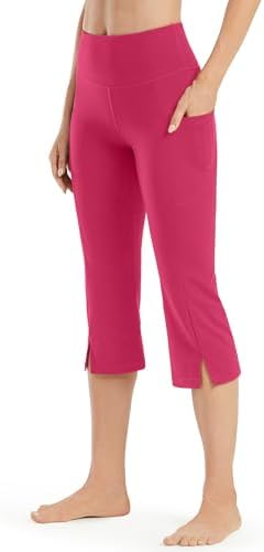 Yoga Pants Capris High Waist Leggings with Pockets Wide Leg Exercise Workout Crop Straight — Hot Pink